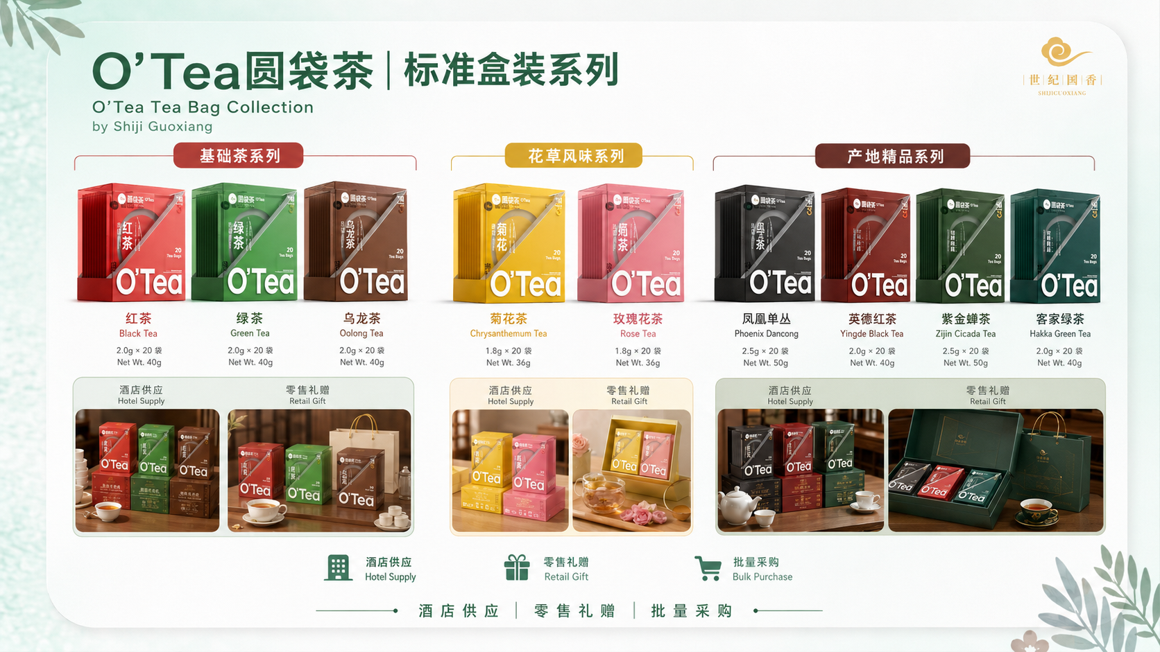 O'Tea圆袋茶标准盒装系列：基础茶系列、花草风味系列、产地精品系列共九款茶包，覆盖酒店供应与零售礼赠