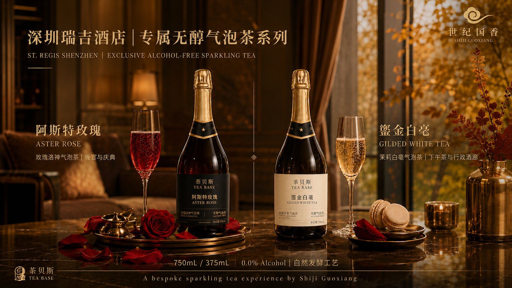 深圳瑞吉酒店 专属无醇气泡茶系列：阿斯特玫瑰、鎏金白毫