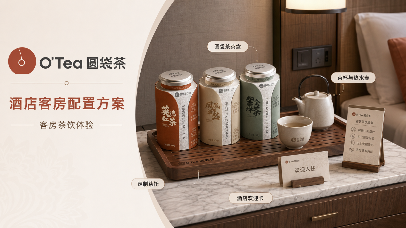 O'Tea圆袋茶 酒店客房配置方案 客房茶饮体验：圆袋茶茶盒、茶杯与热水壶、定制茶托、酒店欢迎卡